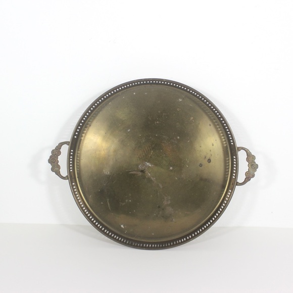 Vintage 12” Brass Gallery Tray with Floral Handles for Serving Drinks - Picture 1 of 8